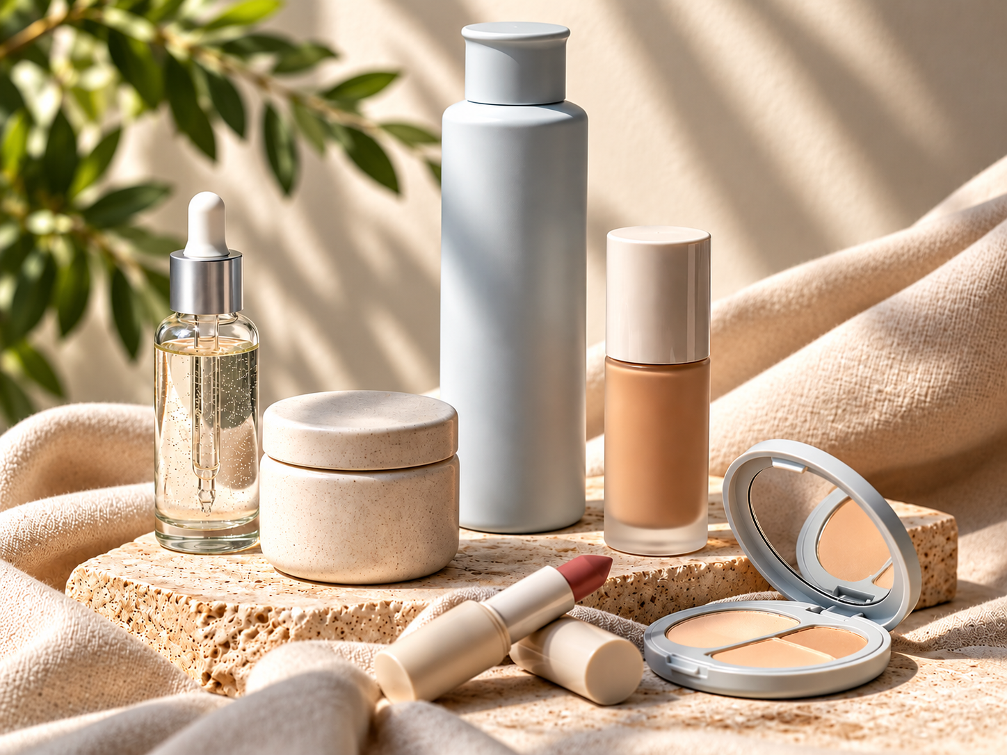 Skincare, haircare and makeup products arranged on linen and travertine surfaces