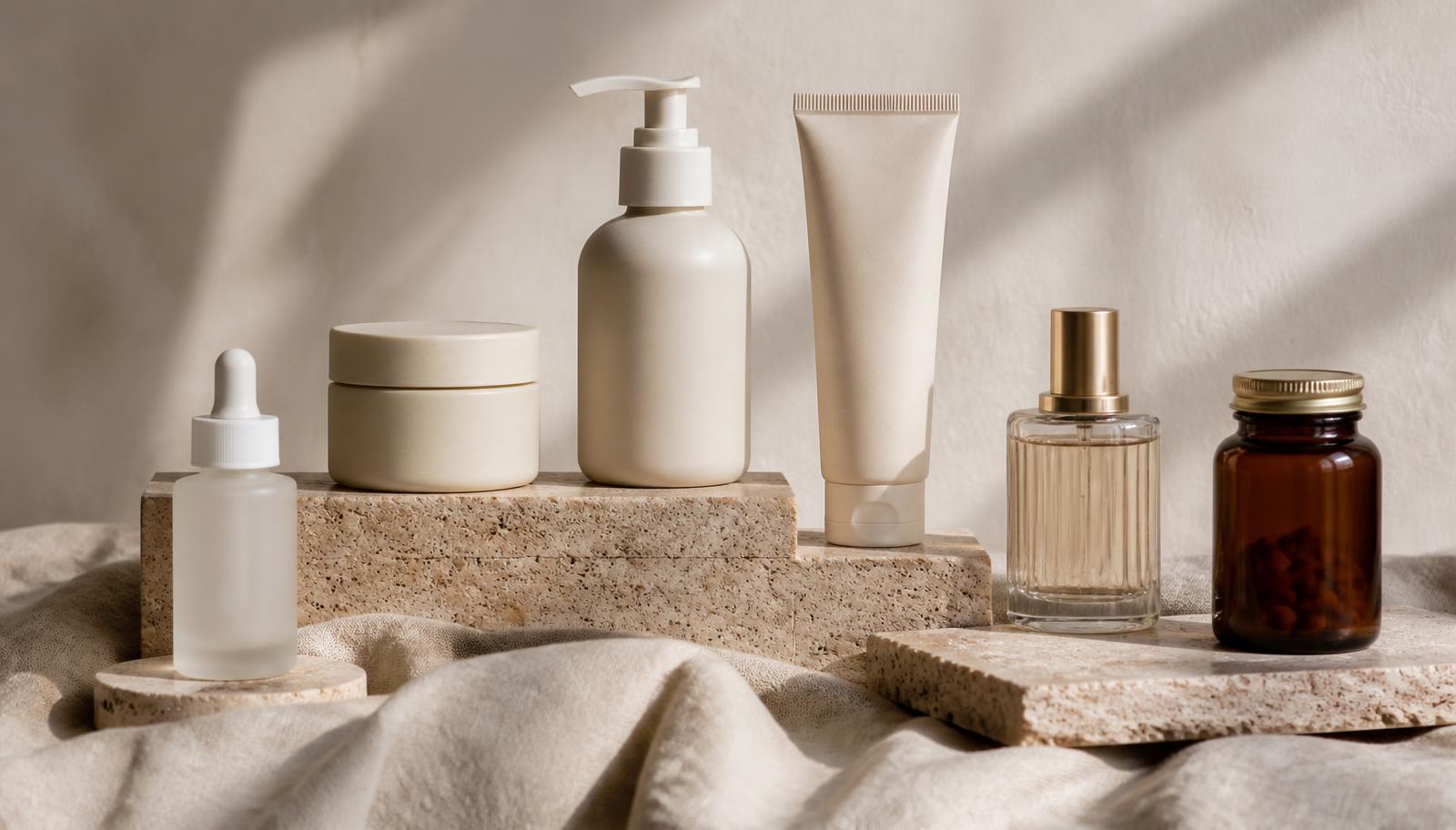 Minimalist beauty products arranged on linen and travertine surfaces