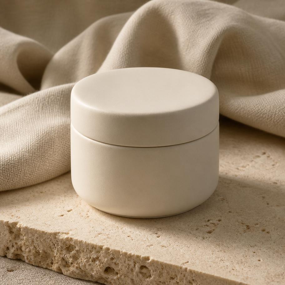 Ceramic moisturiser jar on a stone surface